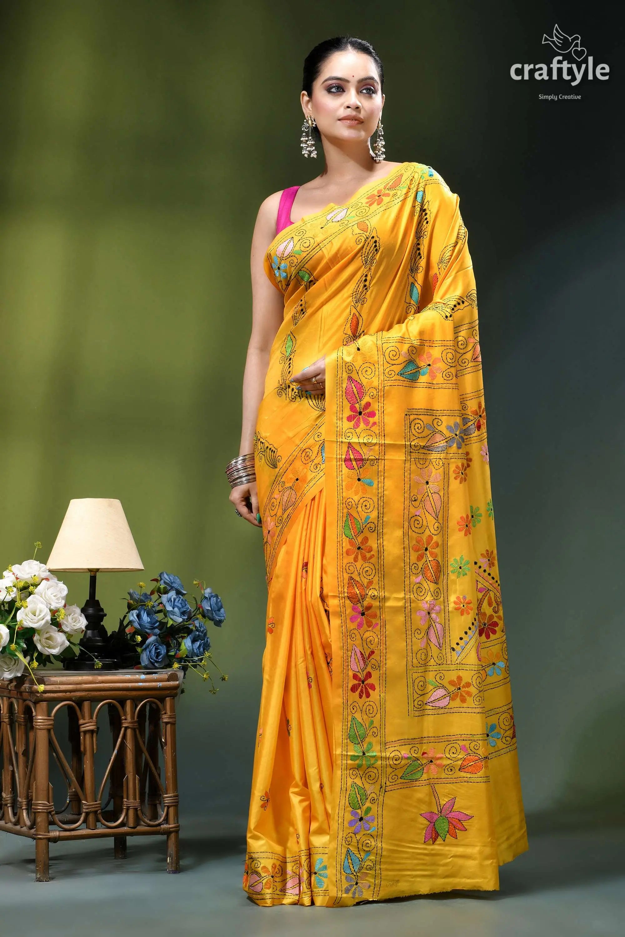 Mikado yellow handcrafted silk kantha saree - exclusive floral motif vibrant yellow silk saree adorned 6