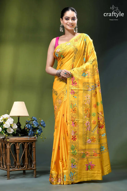 Mikado yellow handcrafted silk kantha saree - exclusive floral motif vibrant yellow saree adorned intricate 1