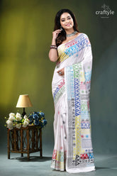 Milk white multithread geometric pattern silk lambani embroidery saree white saree colorful geometric floral 6