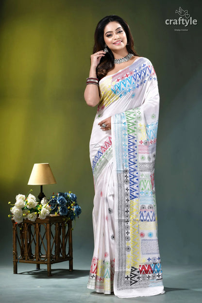 Milk white multithread geometric pattern silk lambani embroidery saree white saree colorful geometric floral 6