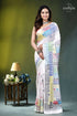 Milk white multithread geometric pattern silk lambani embroidery saree white saree adorned vibrant multicolored 1