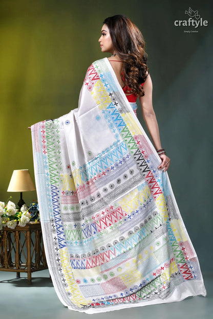 Milk white multithread geometric pattern silk lambani embroidery saree white saree colorful geometric floral 5