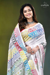 Milk white multithread geometric pattern silk lambani embroidery saree white saree vibrant multicolored geometric 2