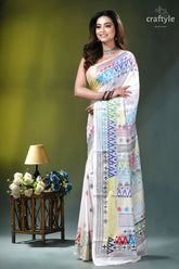 Milk white multithread geometric pattern silk lambani embroidery saree white saree adorned vibrant multicolored 3