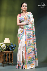 Milky white multithread kutch embroidery handmade silk saree woman wears white silk saree 6