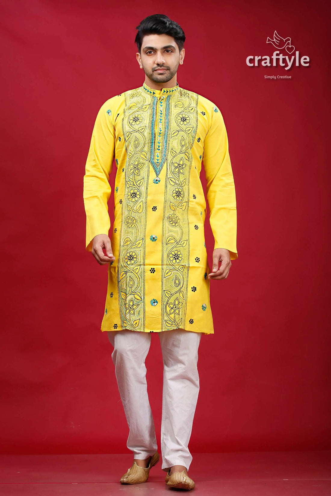 Minion yellow kantha stitch cotton men’s kurta yellow embroidered kurta pajama set 1