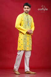 Minion yellow kantha stitch cotton men’s kurta yellow embroidered kurta 3
