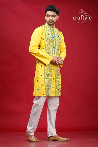 Minion yellow kantha stitch cotton men’s kurta yellow embroidered kurta 3