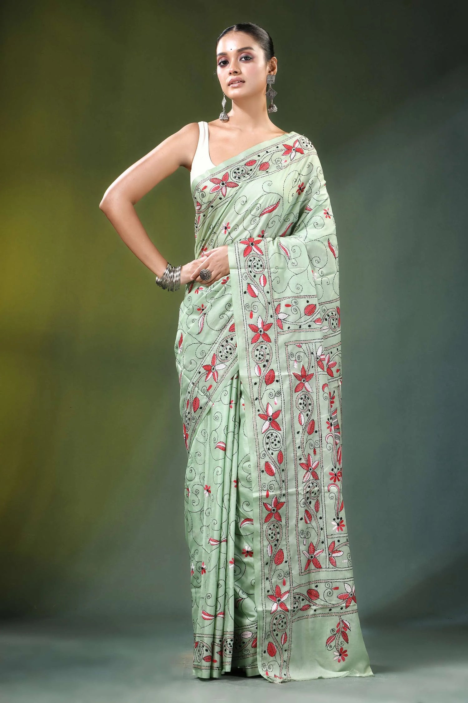 Mint green bird motif hand embroidery silk kantha saree light intricate red 6
