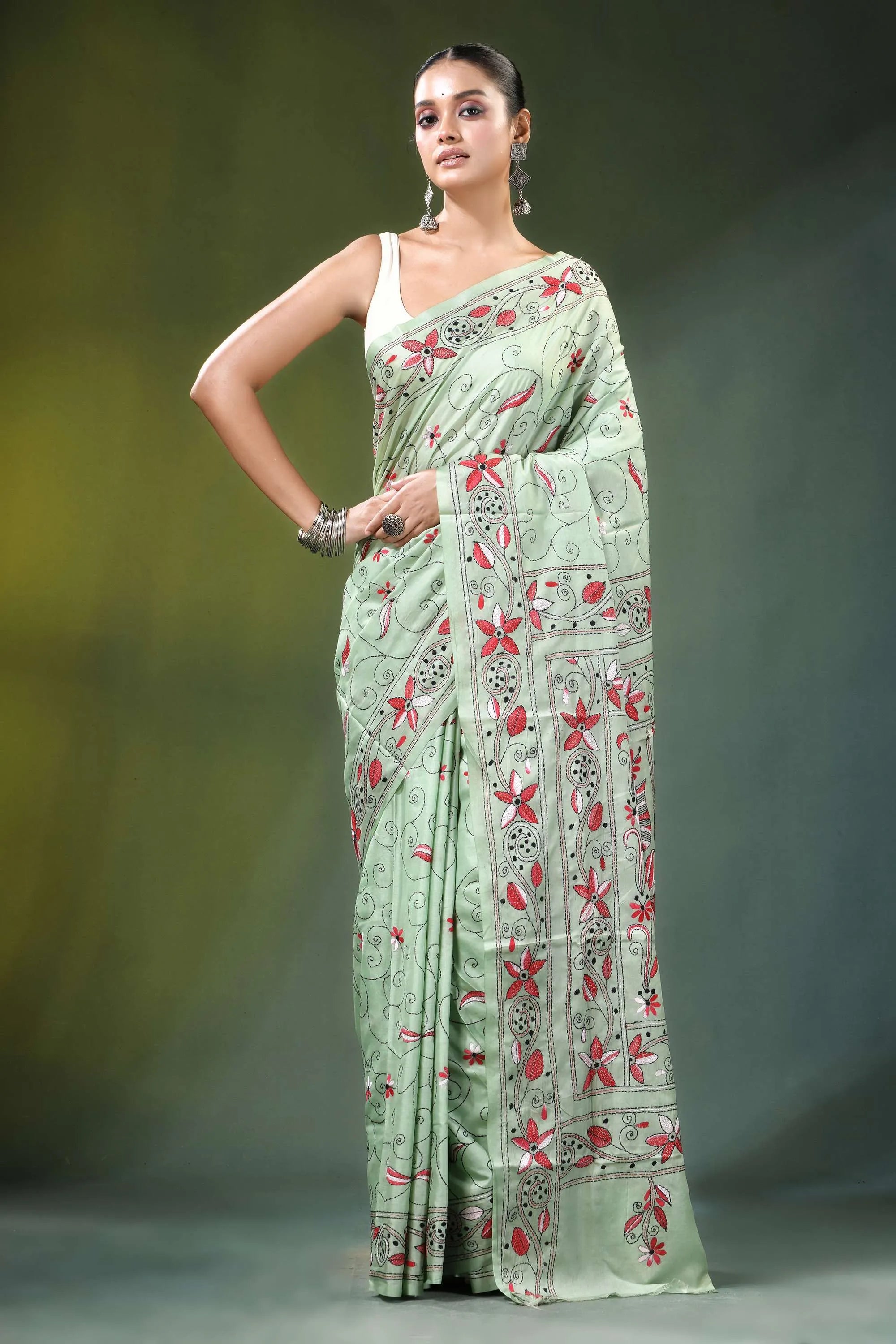 Mint green bird motif hand embroidery silk kantha saree light intricate red 6