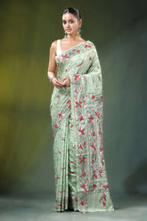 Mint green bird motif hand embroidery silk kantha saree light intricate red 1