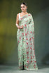 Mint green bird motif hand embroidery silk kantha saree light intricate red 1