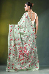 Mint green bird motif hand embroidery silk kantha saree light adorned 5