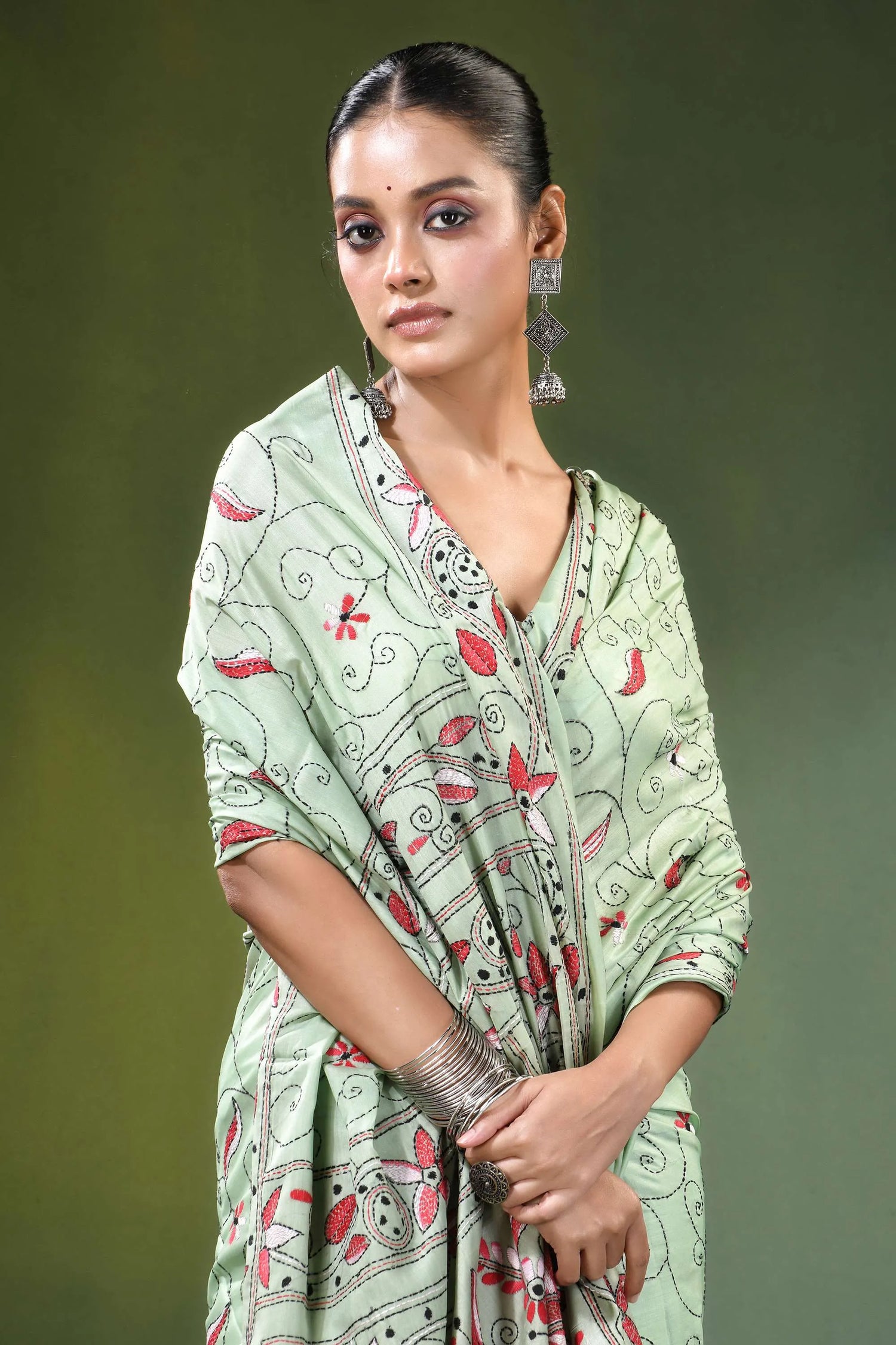 Mint green bird motif hand embroidery silk kantha saree light intricate red 2