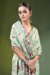 Mint green bird motif hand embroidery silk kantha saree light intricate red 2