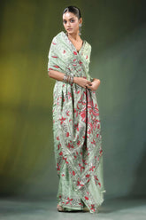 Mint green bird motif hand embroidery silk kantha saree light intricate red 4