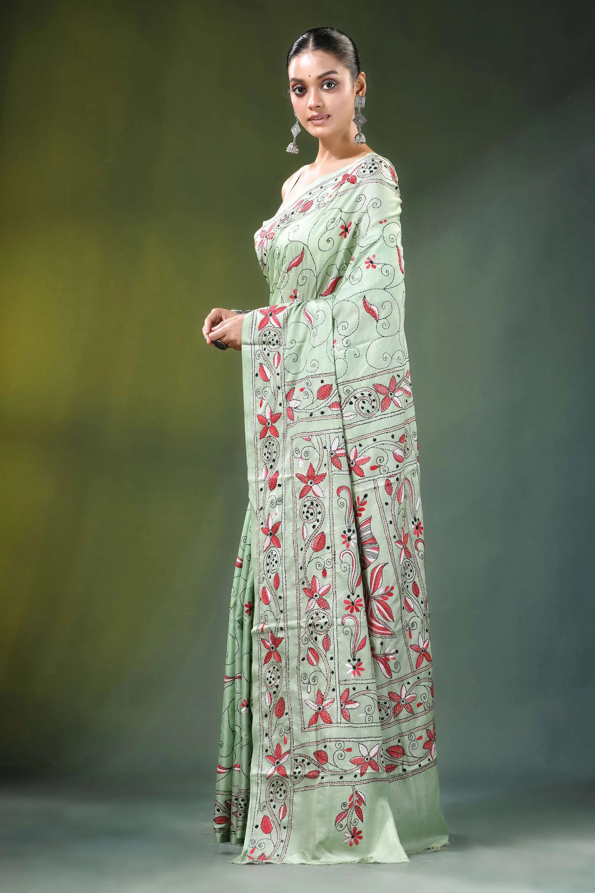 Mint green bird motif hand embroidery silk kantha saree light intricate red 3
