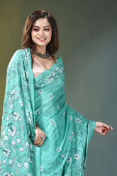 Mint green floral design hand embroidery kantha silk saree woman wears teal silk saree 6