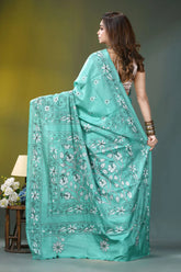 Mint green floral design hand embroidery kantha silk saree turquoise silk saree intricate white 4