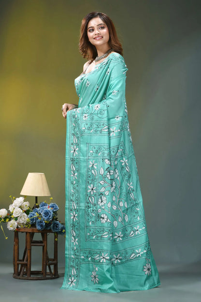 Mint green floral design hand embroidery kantha silk saree woman wears turquoise silk saree 3