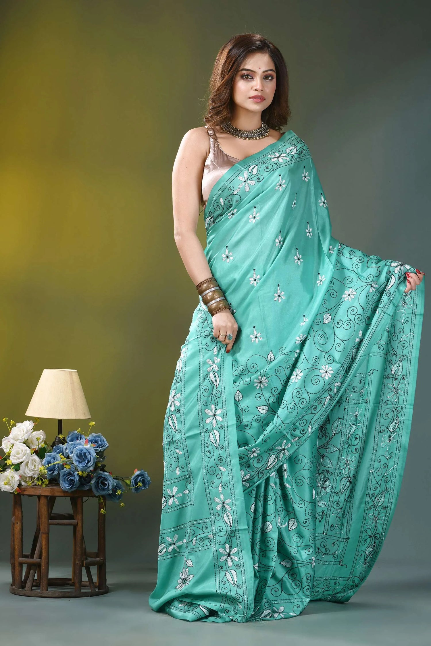 Mint green floral design hand embroidery kantha silk saree woman wears teal silk saree 5