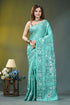 Mint green floral design hand embroidery kantha silk saree woman wears teal silk saree 1