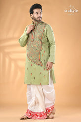 Mint green hand kantha stitched cotton kurta reverse stitch men’s light green embroidered kurta 7