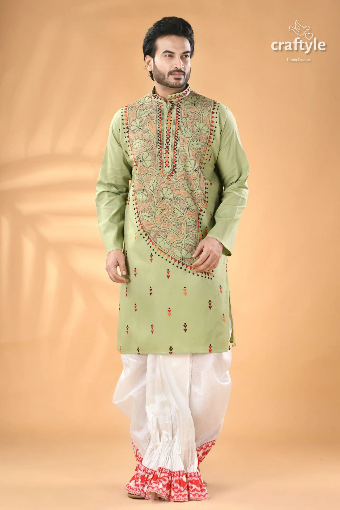 Mint green hand kantha stitched cotton kurta reverse stitch men’s light green embroidered kurta 1