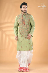 Mint green hand kantha stitched cotton kurta reverse stitch men’s light green embroidered kurta 1