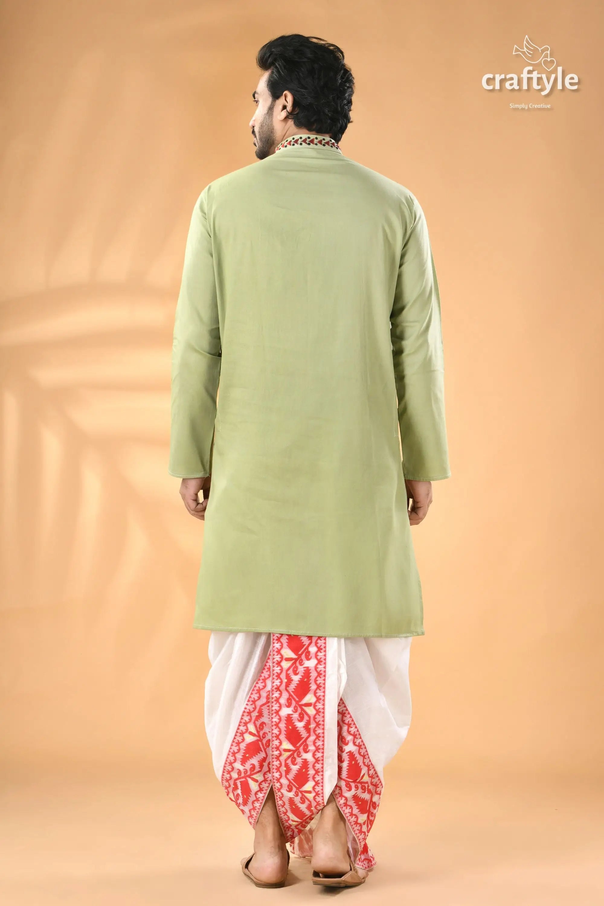 Mint green hand kantha stitched cotton kurta reverse stitch men’s light green kurta white 8