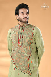 Mint green hand kantha stitched cotton kurta reverse stitch men’s light green embroidered kurta 2