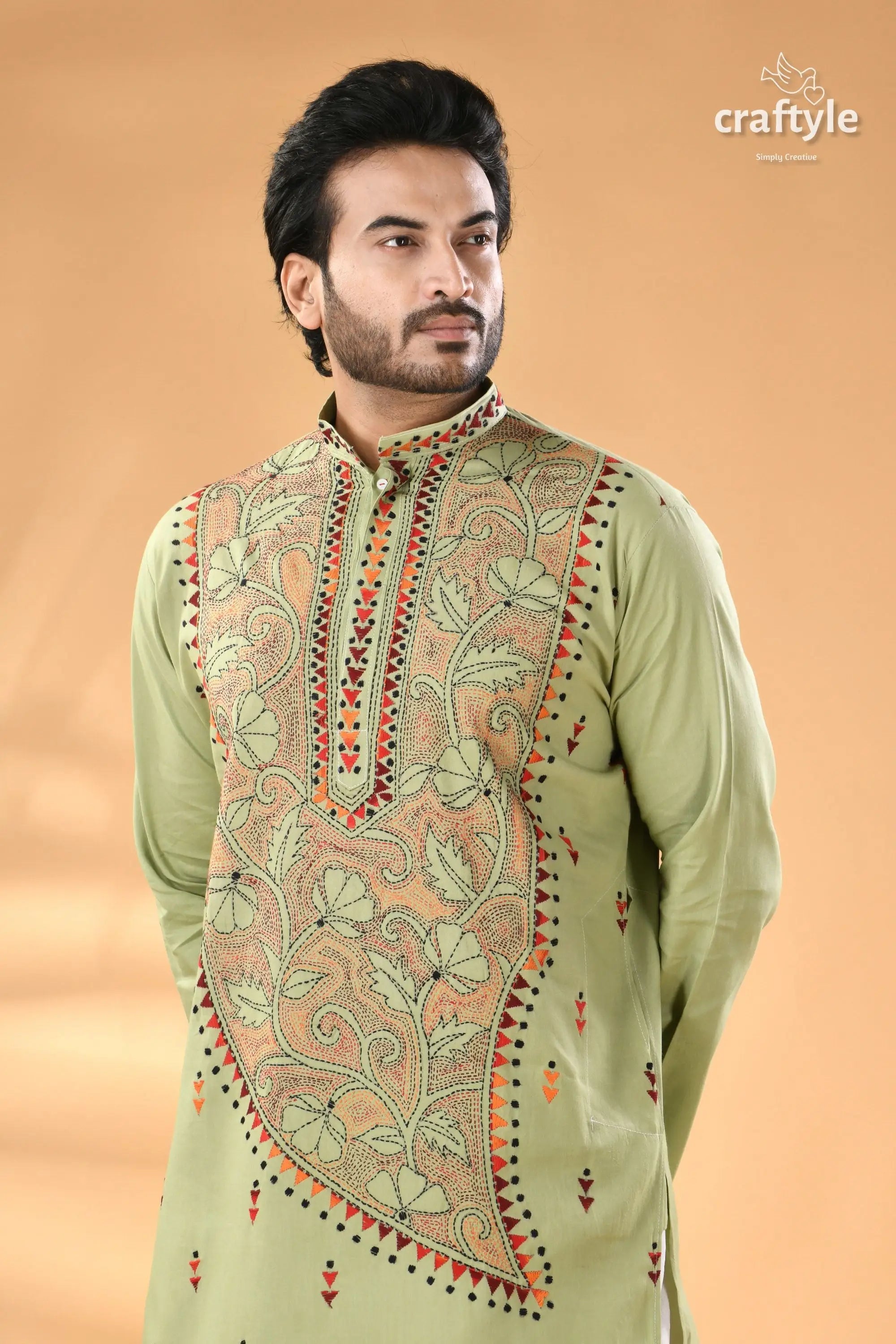 Mint green hand kantha stitched cotton kurta reverse stitch men’s light green embroidered kurta 2