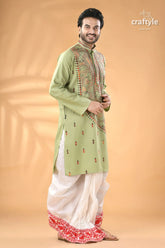 Mint green hand kantha stitched cotton kurta reverse stitch light green embroidered men’s kurta 6