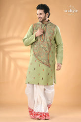 Mint green hand kantha stitched cotton kurta reverse stitch men’s light green embroidered kurta 4