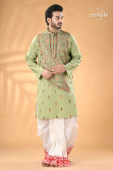 Mint green hand kantha stitched cotton kurta reverse stitch men’s light green embroidered kurta 3
