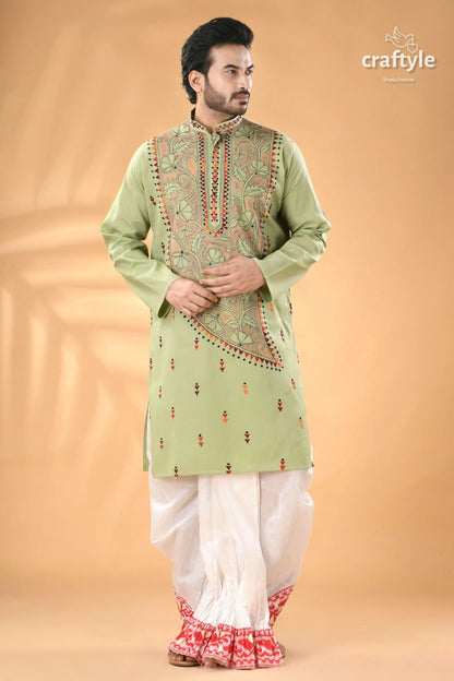 Mint green hand kantha stitched cotton kurta reverse stitch men’s light green embroidered kurta 3