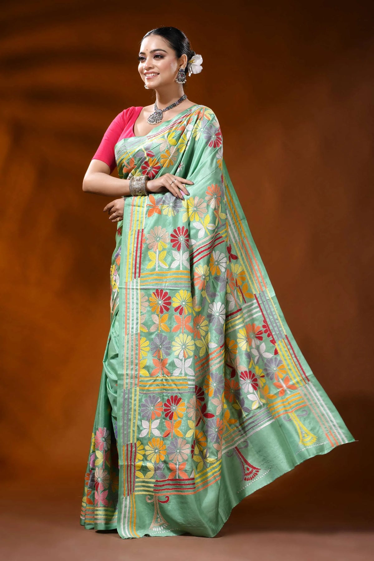 Mint green kantha embroidery silk saree with multicolor floral design 7