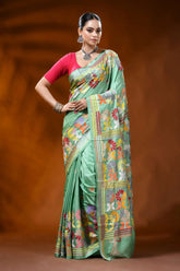 Mint green kantha embroidery silk saree with multicolor floral design 1