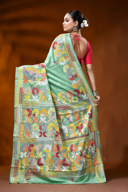 Mint green kantha embroidery silk saree with multicolor floral design 5