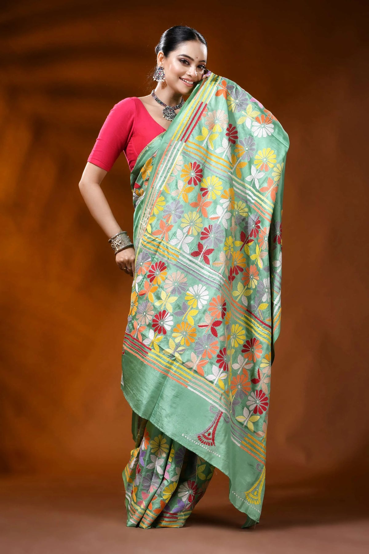Mint green kantha embroidery silk saree with multicolor floral design 3