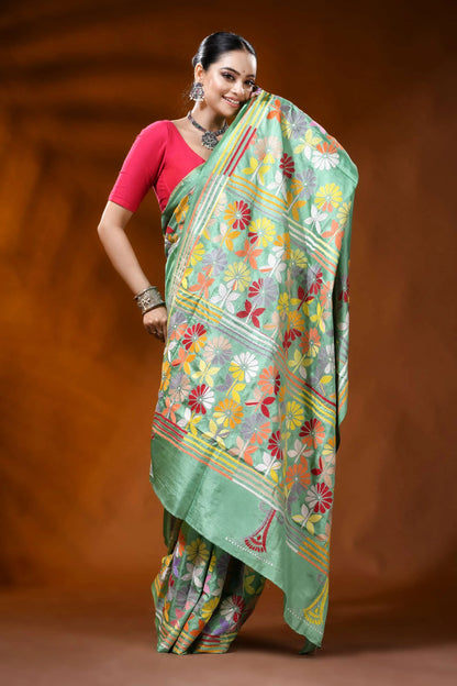 Mint green kantha embroidery silk saree with multicolor floral design 3