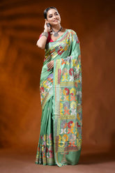 Mint green kantha embroidery silk saree with multicolor floral design 6