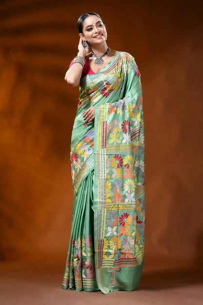 Mint green kantha embroidery silk saree with multicolor floral design 6
