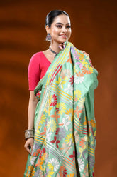Mint green kantha embroidery silk saree with multicolor floral design 2