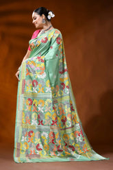 Mint green kantha embroidery silk saree with multicolor floral design 4