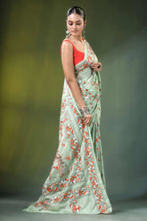 Mint green peacock motif handmade silk kantha saree woman wears light 5