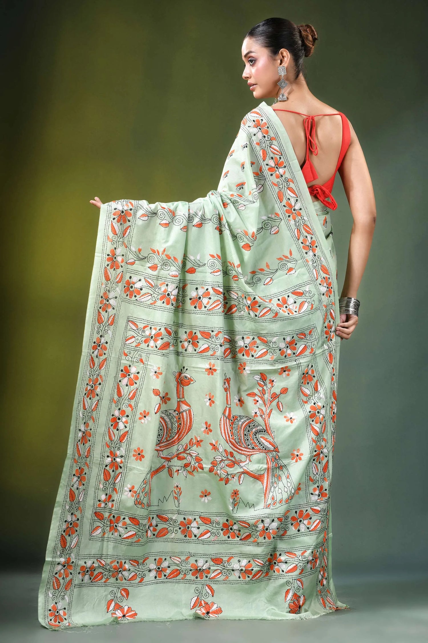 Mint green peacock motif handmade silk kantha saree light adorned 4