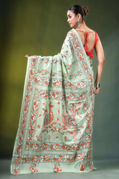 Mint green peacock motif handmade silk kantha saree light adorned 4
