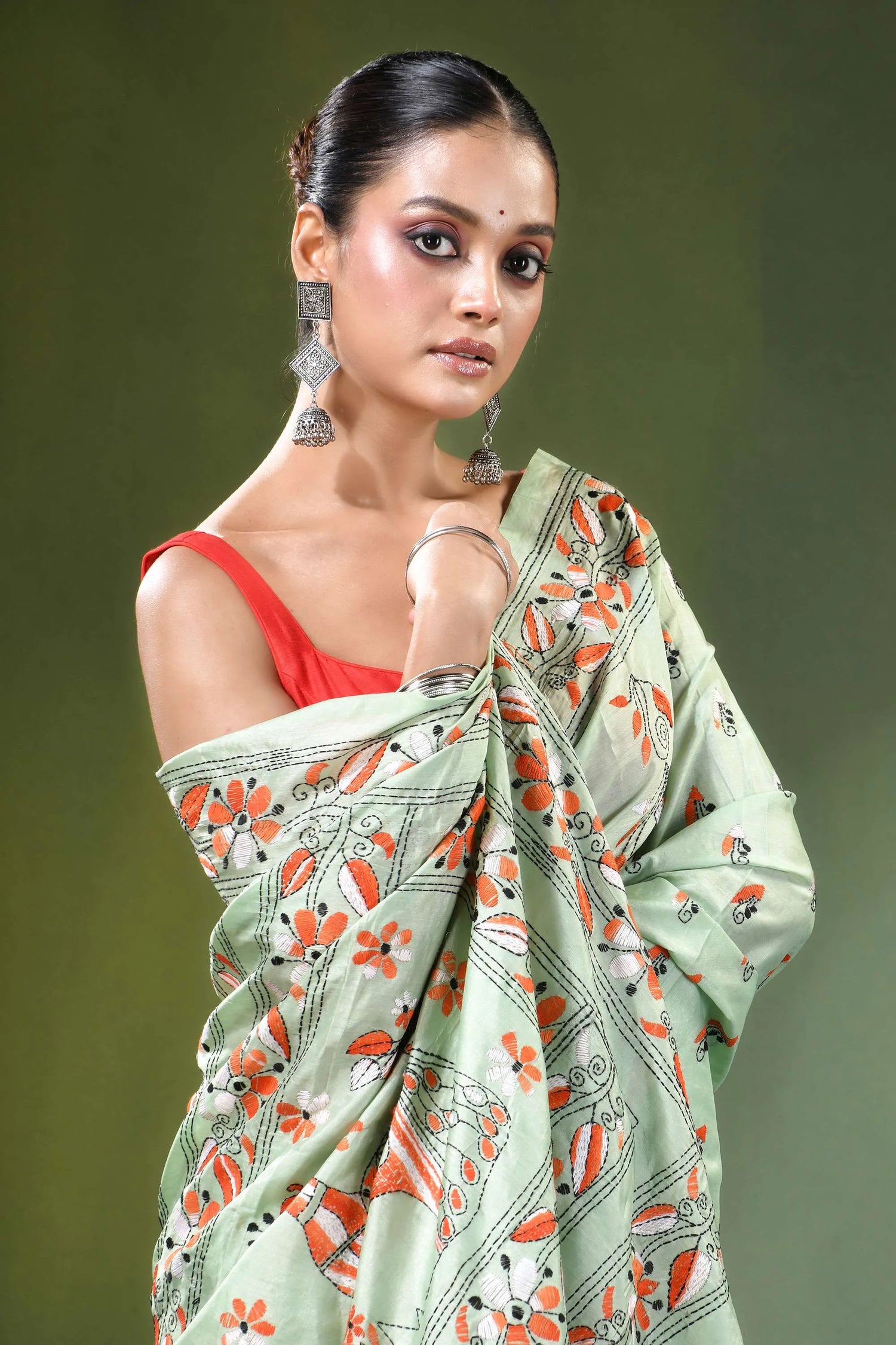Mint green peacock motif handmade silk kantha saree light orange black 2