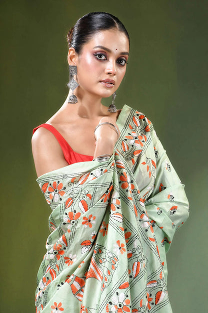 Mint green peacock motif handmade silk kantha saree light orange black 2